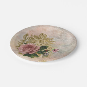 Steampunk Glam   Roze en Goud Roos Rustieke Bloeme Papieren Bordje