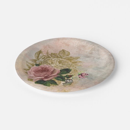 Steampunk Glam | Roze en Goud Roos Rustieke Bloeme Papieren Bordje (Gekanteld)