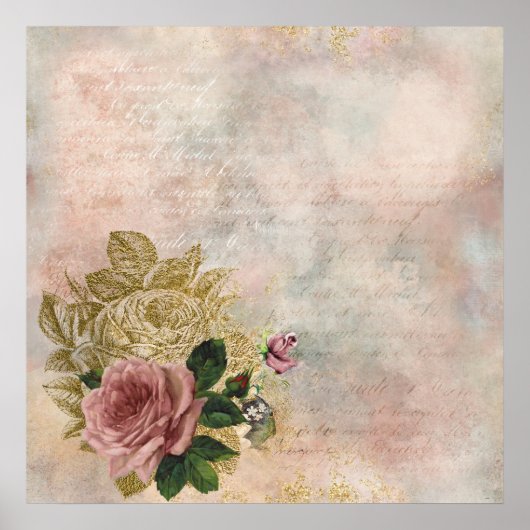 Steampunk Glam | Roze en Goud Roos Rustieke Bloeme Poster (Voorkant)