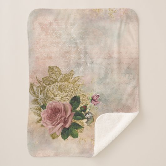 Steampunk Glam | Roze en Goud Roos Rustieke Bloeme Sherpa Deken (Voorkant)