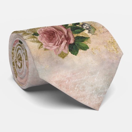 Steampunk Glam | Roze en Goud Roos Rustieke Bloeme Stropdas (Opgerold)