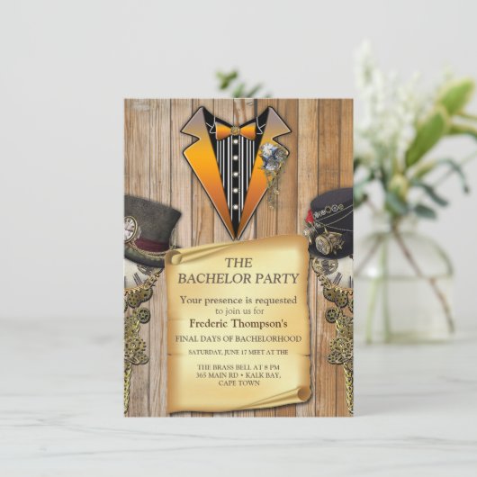 Steampunk & Gold Chains Bachelor-uitnodiging (Staand voorkant)
