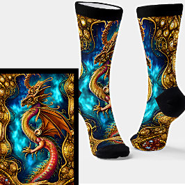 Steampunk Golden Dragon & Blue Sky op Black Sokken