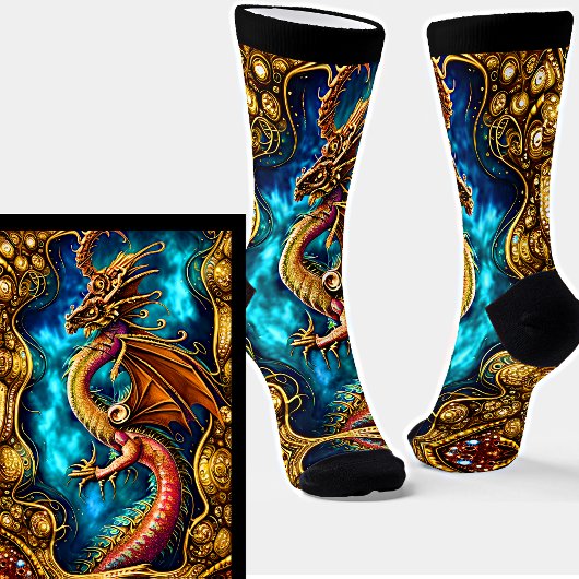 Steampunk Golden Dragon & Blue Sky op Black Sokken