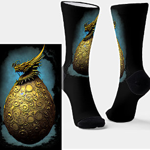 Steampunk Golden Dragon Egg op Black Sokken