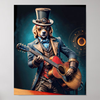 Steampunk Golden Retriever speelt gitaar Poster