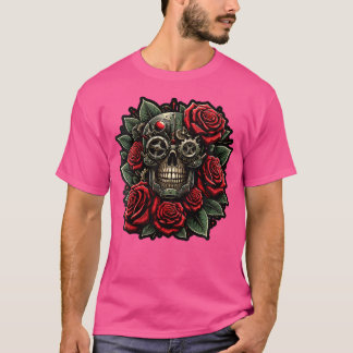 Steampunk Gothic Skull Red Roses Dark Grunge Graph T-shirt