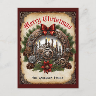 Steampunk Greenery Kaarsen Krans Cogs Kerstmis Feestdagenkaart