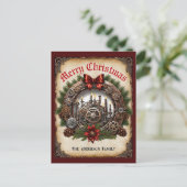Steampunk Greenery Kaarsen Krans Cogs Kerstmis Feestdagenkaart (Staand voorkant)
