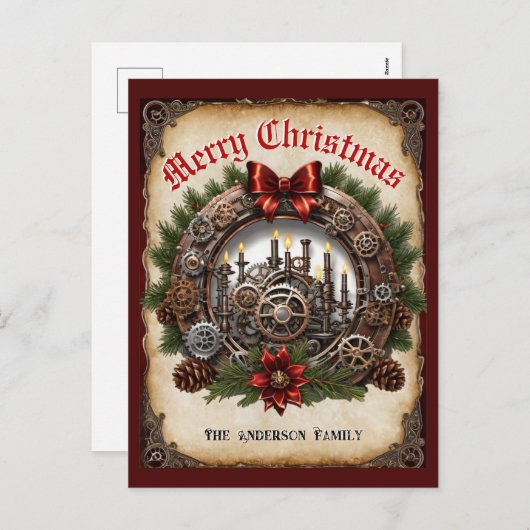 Steampunk Greenery Kaarsen Krans Cogs Kerstmis Feestdagenkaart (Voorkant / Achterkant)