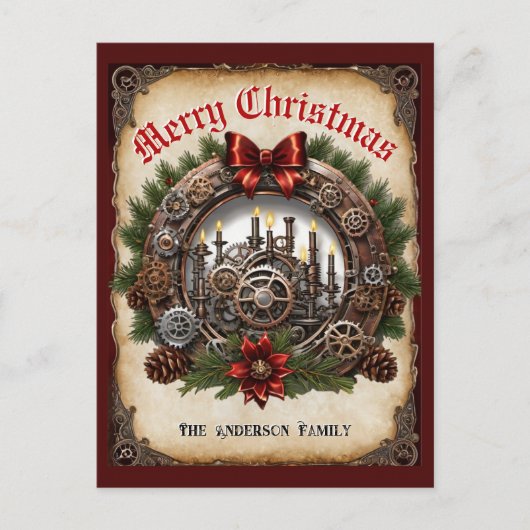Steampunk Greenery Kaarsen Krans Cogs Kerstmis Feestdagenkaart (Voorkant)