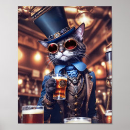 Steampunk grijze kat met hoge hoed, bril, bier - poster