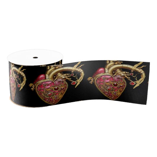 Steampunk Heart Anatomische robijnen en tandwielen Grosgrain Lint (Spoel)