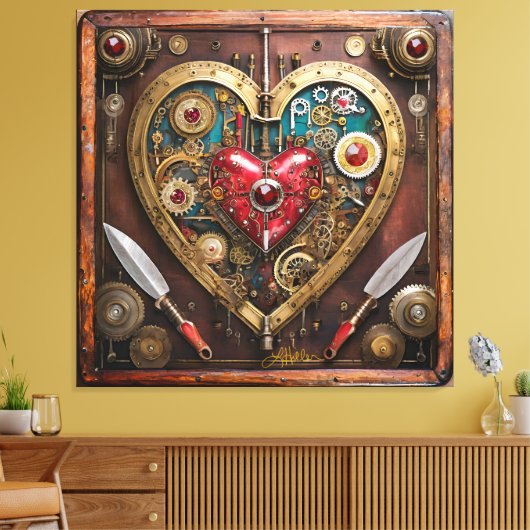 Steampunk Heart Rubies And Daggers For Warriors  Canvas Afdruk (Insitu (Woonkamer))