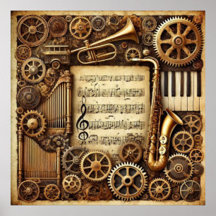 Steampunk Horns Gears Keyboard Bladmuziek Poster