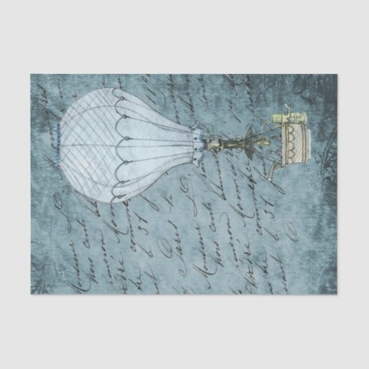 Steampunk Hot Air ballon Dok Blue Handschrift Tissuepapier (Voorkant)