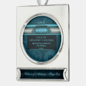 Steampunk, ijsblauw en blauwgroen tandwielen, mono verzilverd banner ornament (Links)