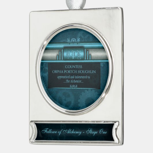 Steampunk, ijsblauw en blauwgroen tandwielen, mono verzilverd banner ornament (Links)