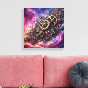 Steampunk Industrial Clockwork Paarse en Roze Canvas Afdruk
