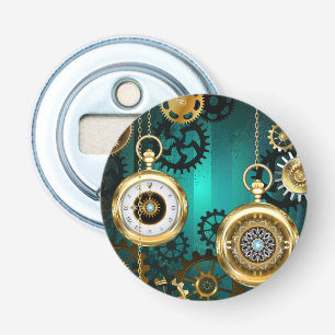Steampunk Jewelry Watch on a Green Background Button Flesopener