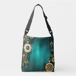 Steampunk Jewelry Watch on a Green Background Crossbody Tas