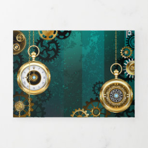 Steampunk Jewelry Watch on a Green Background Drieluik Uitnodiging