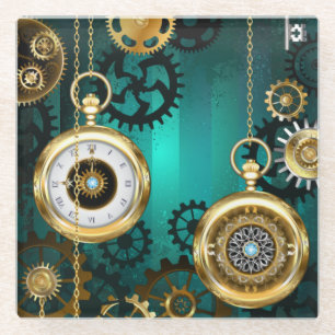 Steampunk Jewelry Watch on a Green Background Glazen Onderzetter