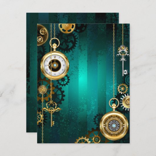 Steampunk Jewelry Watch on a Green Background Informatiekaartje (Voorkant / Achterkant)