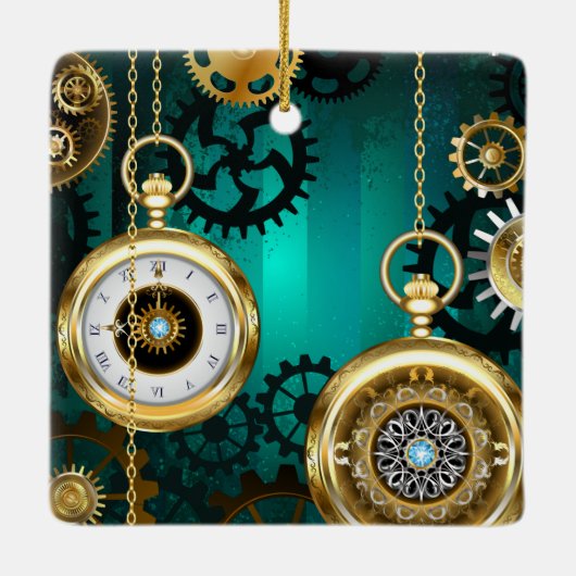 Steampunk Jewelry Watch on a Green Background Keramisch Ornament (Achterkant)