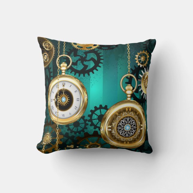 Steampunk Jewelry Watch on a Green Background Kussen (Voorkant)