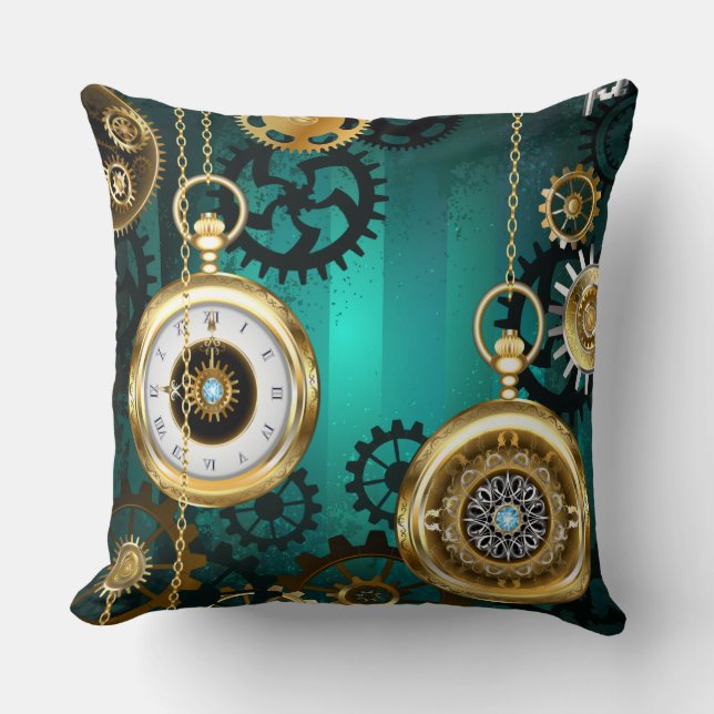 Steampunk Jewelry Watch on a Green Background Kussen (Voorkant)
