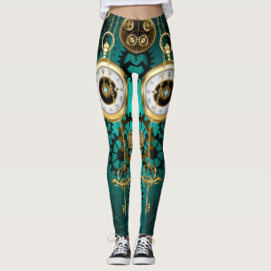 Steampunk Jewelry Watch on a Green Background Leggings
