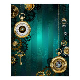 Steampunk Jewelry Watch on a Green Background Perfect Poster