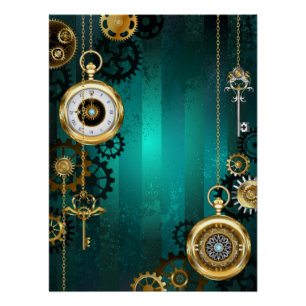Steampunk Jewelry Watch on a Green Background Perfect Poster