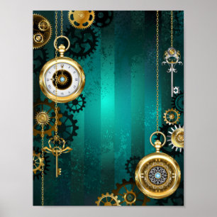 Steampunk Jewelry Watch on a Green Background Poster