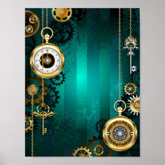 Steampunk Jewelry Watch on a Green Background Poster (Voorkant)