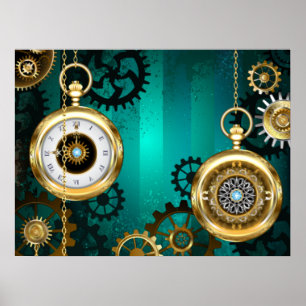 Steampunk Jewelry Watch on a Green Background Poster