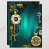 Steampunk Jewelry Watch on a Green Background Save The Date (Voorkant / Achterkant)