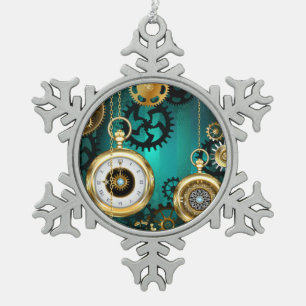 Steampunk Jewelry Watch on a Green Background Tin Sneeuwvlok Ornament