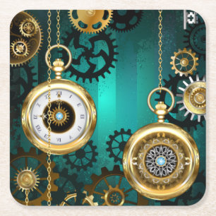 Steampunk Jewelry Watch on a Green Background Vierkante Kartonnen Onderzetter