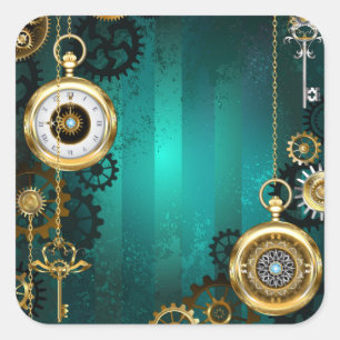 Steampunk Jewelry Watch on a Green Background Vierkante Sticker