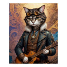 Steampunk kat in leren jas, gitaar spelend -