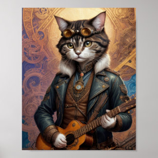 Steampunk kat in leren jas, gitaar spelend -  poster
