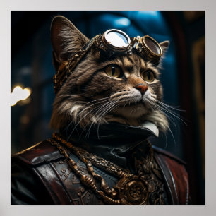 Steampunk Kat in Uniform Retro Poster