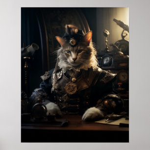 Steampunk Kat in Uniform Retro Poster