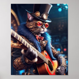 Steampunk kat met hoge hoed en bril, gitarist poster