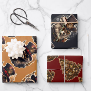 Steampunk Kerstboom Wolf Raccoon 3 patronen Inpakpapier Vel