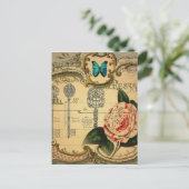 Steampunk Keys Modern Roze Bloem Camellia Briefkaart (Staand voorkant)