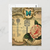 Steampunk Keys Modern Roze Bloem Camellia Briefkaart (Voorkant / Achterkant)
