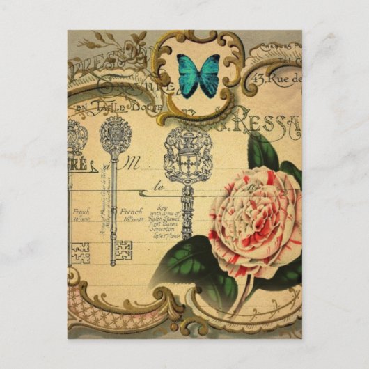 Steampunk Keys Modern Roze Bloem Camellia Briefkaart (Voorkant)